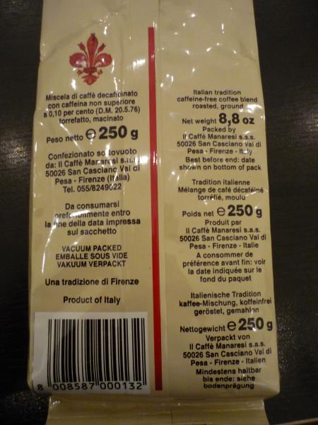 Manaresi Caffè Espresso - Decaffeinato 250g zadní strana